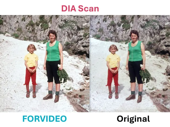 Anschauliches Beispiel einer professionellen Digitalisierung mit Vergleich von vorher und danach auf einem einzelnen Bild einer Familie mit Kind beim Wandern