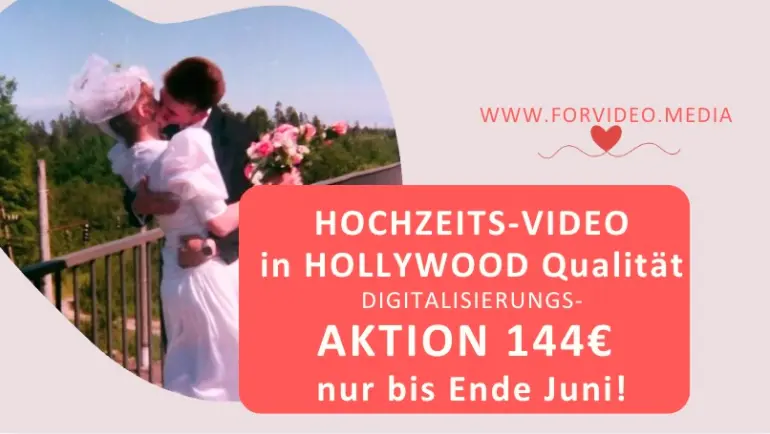 Ein Hochzeitspaar in einem Hochzeitsvideo aus 1980 küsst sich  und forvideo bietet eine Digitalisierungsaktion um 144 euro pro Hochzeitskassette bis Ende Juni 2026 an