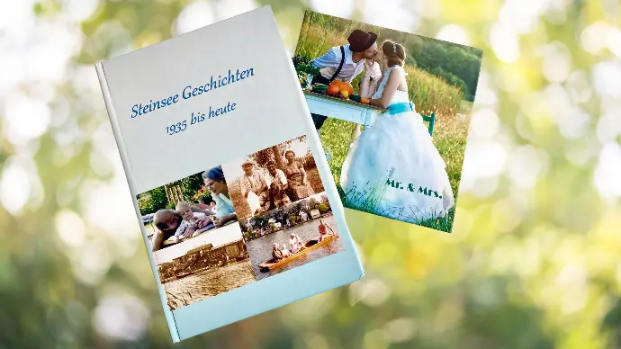 Fotobücher für besondere Erinnerungen. 2 Fotobücher, einmal Hochzeitspaar und einmal Steinsee Geschichten von 1935 bis heute