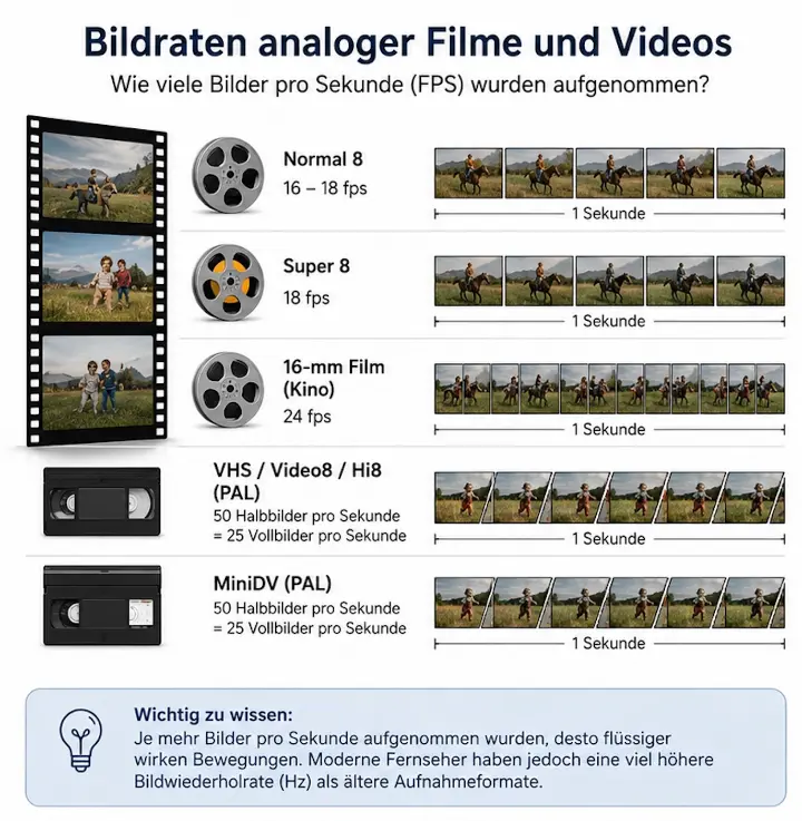Bildraten analoger Filme und Videos Bildratenaufstellung von Schmalspurfilmen und Videos werden als Anzahl Einzelbilder pro Sekunde demonstriert