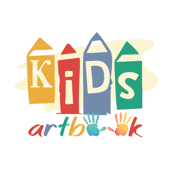 Buntes Kidsartbook Logo aus Buchstaben, stiften und kinderhände abdrücke in den Farben Orange, Rot, Blau und Grün