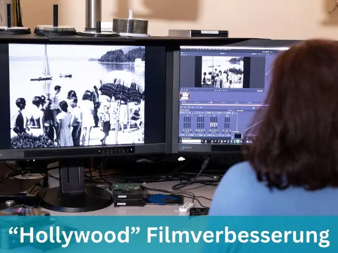 Ein alter analoger schwarz-weiss Film wird von Cutterin am Computer sitzend bearbeitet und verbessert.